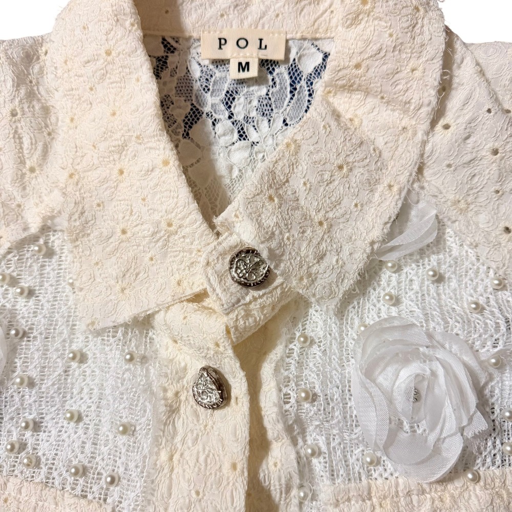 Eyelet Lace Rose Flower Pearl Button Down Ballon Sleeve Feminine Cottagecore Top - Picture 4 of 5